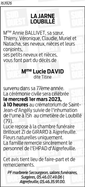 DAVID Lucie - Gisèle Née DAVID